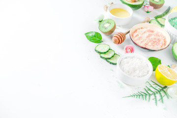 Natural and organic cosmetic concept. Spa and aromatherapy, Homemade cosmetics ingredients, extracts for natural beauty skincare product honey, lemon, almond, kiwi, cucumber, aloe vera, salt, yogurt