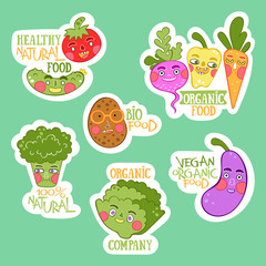Fresh organic vegetables lettering. Vegan theme. Potatoes, cucumber, tomato, broccoli, eggplant, salad, radish, pumpkin, carrot, pepper. Isolated vector objects.