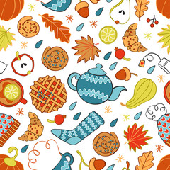 Autumn print. Hot drinks: tea and coffee. Baking: pie, bun and croissant. Autumn leaves and acorns. Knitwear: hat and socks. Pumpkin. Seamless vector pattern (background).