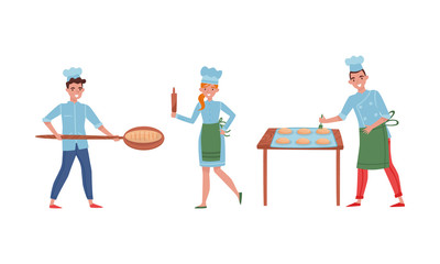 Smiling Baker Characters Baking Bread and Making Confections Vector Illustrations