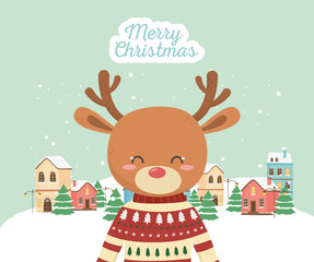 merry christmas celebration cute deer with sweater town snow