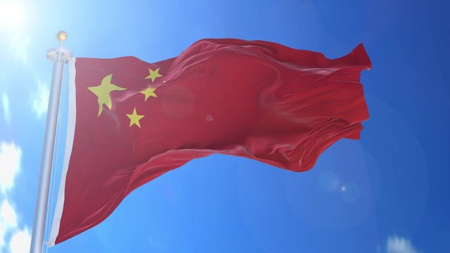 China animated flag in the wind with blue sky in the background, green screen background and the flag on the full background, all in one animated flag pack.