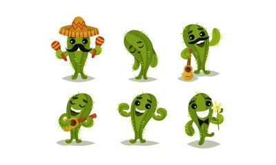 Cartoon Funny Cactus Character Vector Set. Cacti Playing Guitar