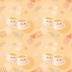 Cute seamless pattern with cups of tea and the words 