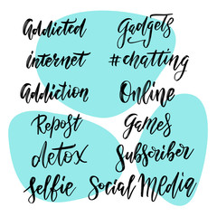 Set of Like Share Repost Subscribe hand lettering stickers. Typographic and calligraphic inscriptions for social media and blog posts. Handwritten web sayings about internet addiction