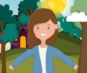 happy woman standing in front of country house