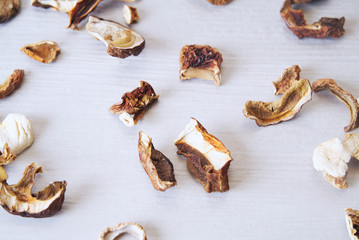 Dried mushrooms on a background of white wood.