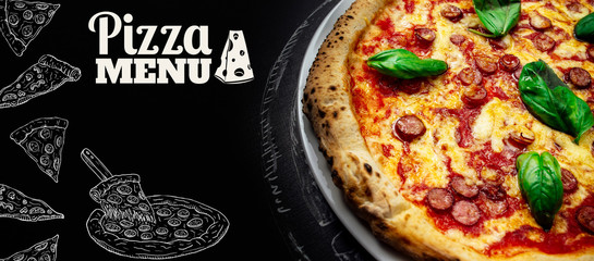 Delicious fresh pizza on a dark background. Italian food, copy space for text. Banner composition