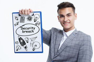 Business, technology, internet and network concept. Young businessman shows a keyword: Security...