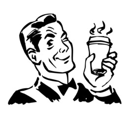 retro gentleman with hot drink in hand winks, black and white clipart