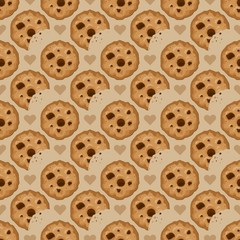 Beige seamless pattern with cookies and hearts.