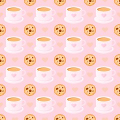 Fototapeta premium Pink seamless pattern with cups of coffee and cookies