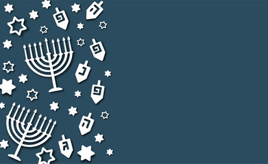 Hanukkah background with holiday candles, dreidels, Hebrew letters and David stars. Modern paper cut design for Jewish Festival of light. Vector illustration with place for your text - obrazy, fototapety, plakaty