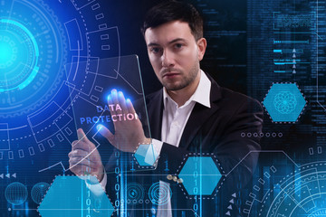 Business, Technology, Internet and network concept. Young businessman working on a virtual screen...