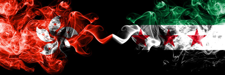 Hong Kong, China vs Syria, Syrian Arab Republic, opposition smoky mystic states flags placed side...