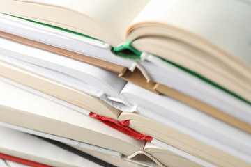 Stack of books on whole background, close up. Self development