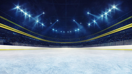 Empty ice rink and illuminated stadium with fans, front playground view. Professional ice hockey sport 3D render illustration background.