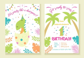Naklejka premium Childrens dinosaur party invitation template vector illustration. Festive inviting card with tropical plants, palms, dino and lettering get ready to roar flat style design. Happy Birthday concept