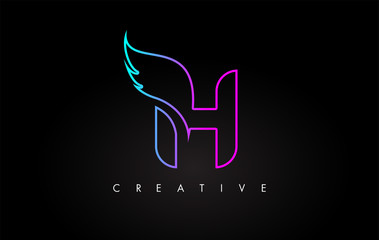 Neon H Letter Logo Icon Design with Creative Wing in Blue Purple Magenta Colors