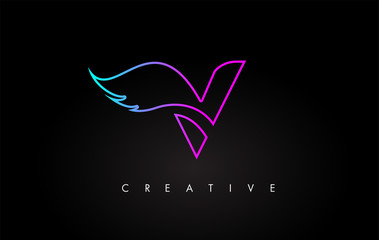 Neon V Letter Logo Icon Design with Creative Wing in Blue Purple Magenta Colors