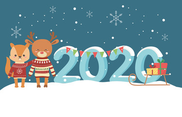 happy new year 2020 celebration cute deer squirrel with ugly sweater and gifts snow
