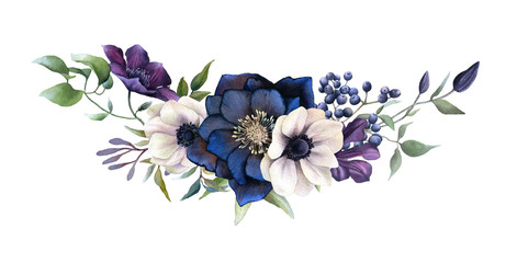 Picturesque arrangement of dark hellebores, anemones, berries and clematises hand drawn in watercolor isolated on white background.Watercolor illustration.Ideal for creating invitations, wedding cards