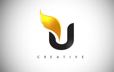 Gold U Letter Wings Logo Design with Golden Bird Fly Wing Icon. © twindesigner