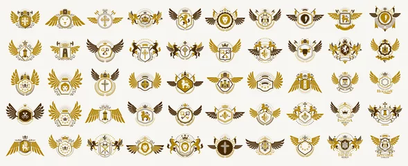 Fotobehang Classic style emblems big set, ancient heraldic symbols awards and labels collection, classical heraldry design elements, family or business emblems. © Sylverarts