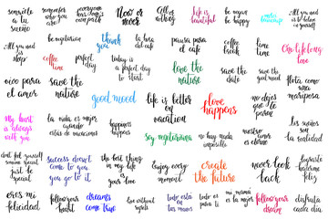 Big set phrases inspirational hand drawn text black isolated on white background greeting card vector. Each phrase on separate layer