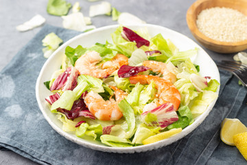 Vegetable salad with shrimp, sesame seeds, iceberg lettuce, romaine and radicchio salad.
