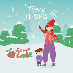 merry christmas mom and son with gifts trees snow snowflakes outdoor