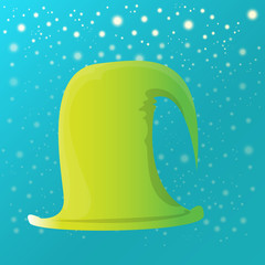 vector funky red and green stripped cartoon christmas elf hat on azure sky background with stars. vector kids colorful elf hat icon or label. Christmas decorative design element for banner or poster