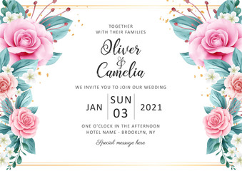 Horizontal wedding invitation card template set with watercolor floral border and gold glitter. Abstract floral background save the date, invitation, greeting card, multi-purpose vector