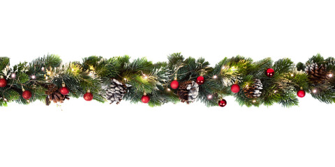 Christmas tree garland decorated with red baubles and shiny lights, festive concept banner