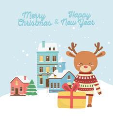 happy new year 2020 merry christmas reindeer with gift town snow