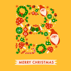 Holiday Alphabet collection for card design : Christmas elements forming a shape of uppercase letter : Vector Illustration