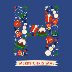 Holiday Alphabet collection for card design : Christmas elements forming a shape of uppercase letter : Vector Illustration