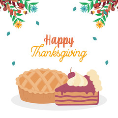 happy thanksgiving day pie and slice cake fall leaves