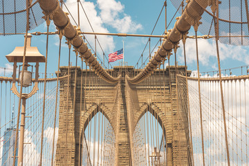 Brooklyn Bridge with the USA Flag