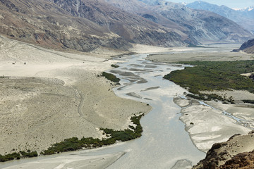 Shyok River and mountains in Nubra Valley,India