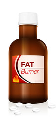 Fat burner pills in a medicine bottle. Pharmaceutical treatment to lose weight, a medical fake product. Isolated vector on white background.