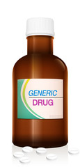 Medicine bottle named GENERIC DRUGS. Symbolic for harmful counterfeit pills, risk and danger of cheap or illegal produced and sold pharmaceuticals. Isolated vector on white.