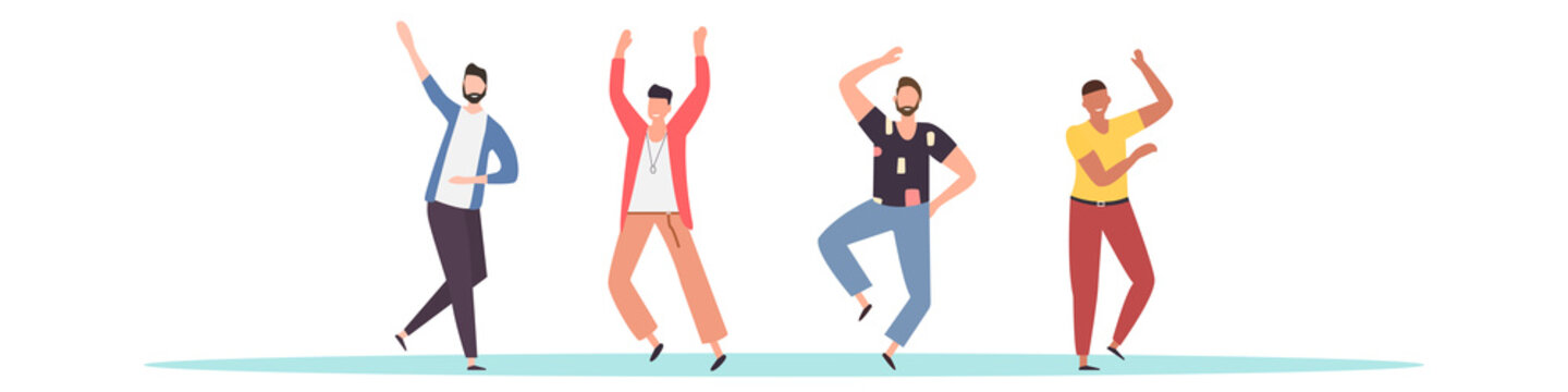 Group of young happy mens dancers isolated on a white background. Smiling young  mens enjoy a dance party. Flat style. Vector illustration