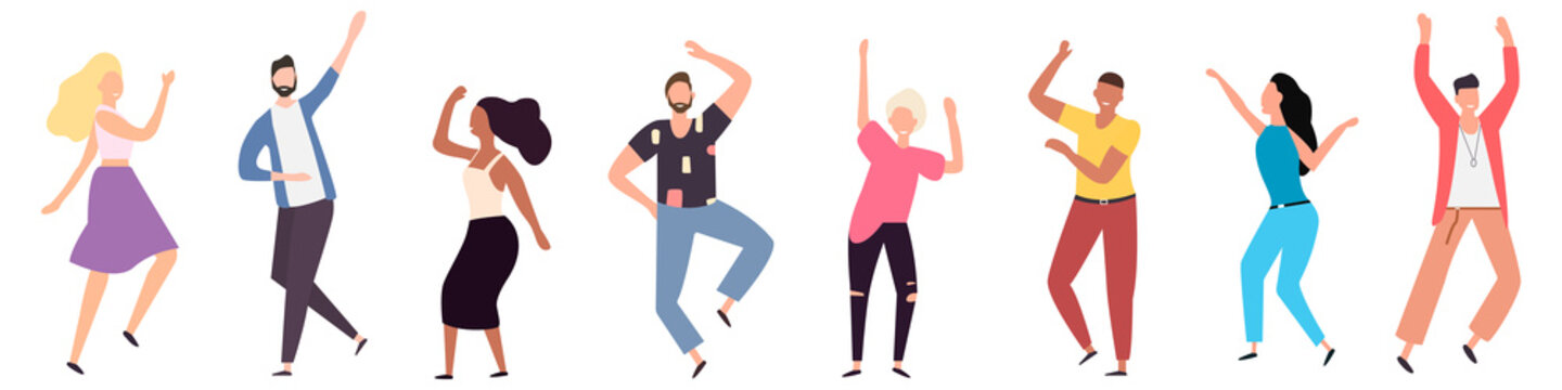 Dancing people. Group of young happy dancers or men and women isolated on a white background. Smiling young men and women enjoy a dance party. Flat style. Vector illustration
