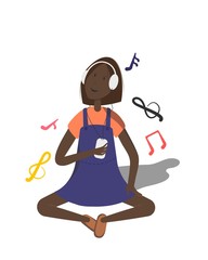 Cute african woman with headphones sitting cross-legged and listening to music. She looking at playlist from smartphone. Music symbols included. Vector flat illustration.