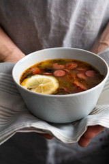 hot soup with sausages and vegetables