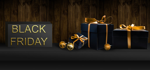Black Friday Super Sale. Shelf and podium with realistic black gifts boxes with gold bows. Dark background golden text lettering. Horizontal banner, poster, header website