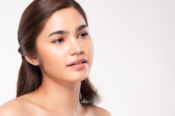 Obraz premium Beautiful Young Asian Woman with Clean Fresh Skin. Face care, Facial treatment, on white background, Beauty and Cosmetics Concept.
