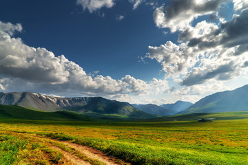 Fototapeta premium Panoramic landscape of the mountain range. Green mountain pass on a sunny day with clouds.