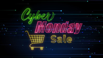 Cyber Monday Sale Discount Concept Neon Light With Blue Colorful Light Streaks And Sparks In Dark Space